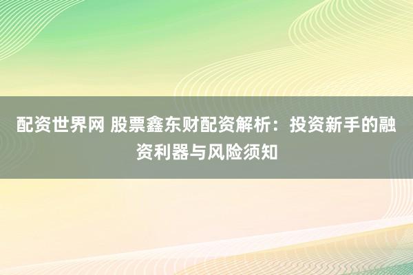 配資世界網(wǎng) 股票鑫東財(cái)配資解析：投資新手的融資利器與風(fēng)險(xiǎn)須知